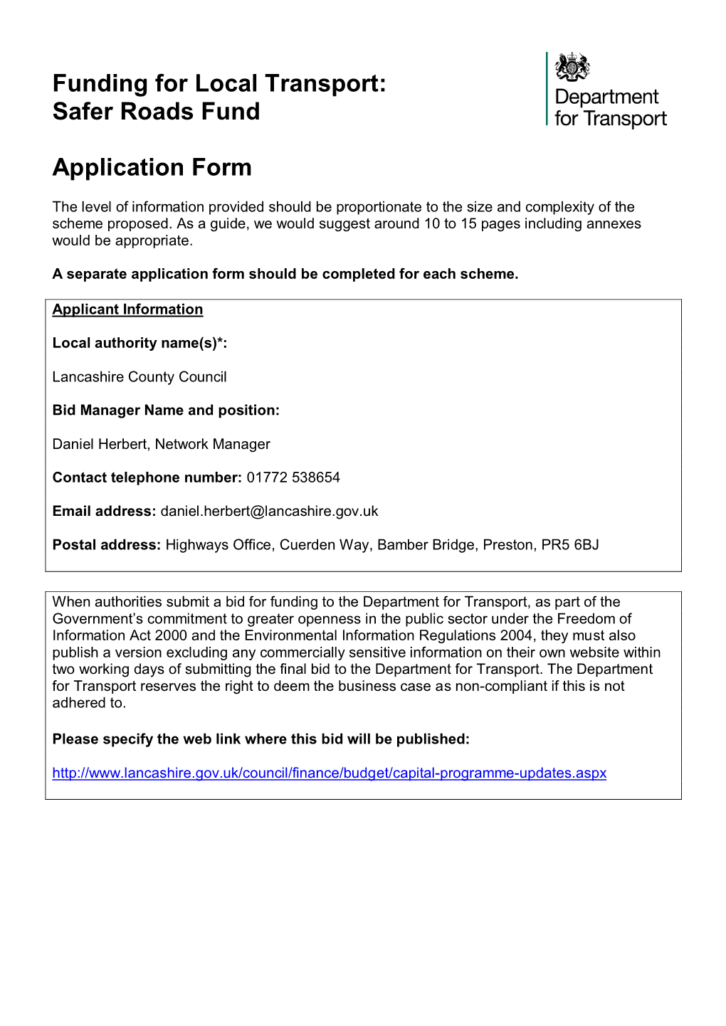 Funding for Local Transport: Safer Roads Fund Application Form