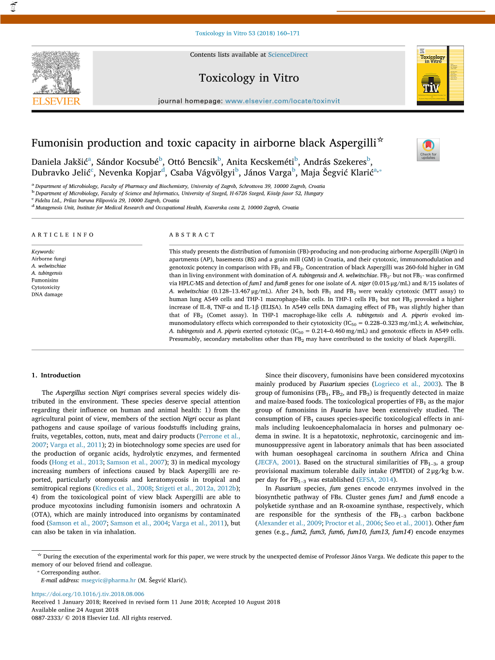 Fumonisin Production and Toxic Capacity in Airborne Black Aspergilli