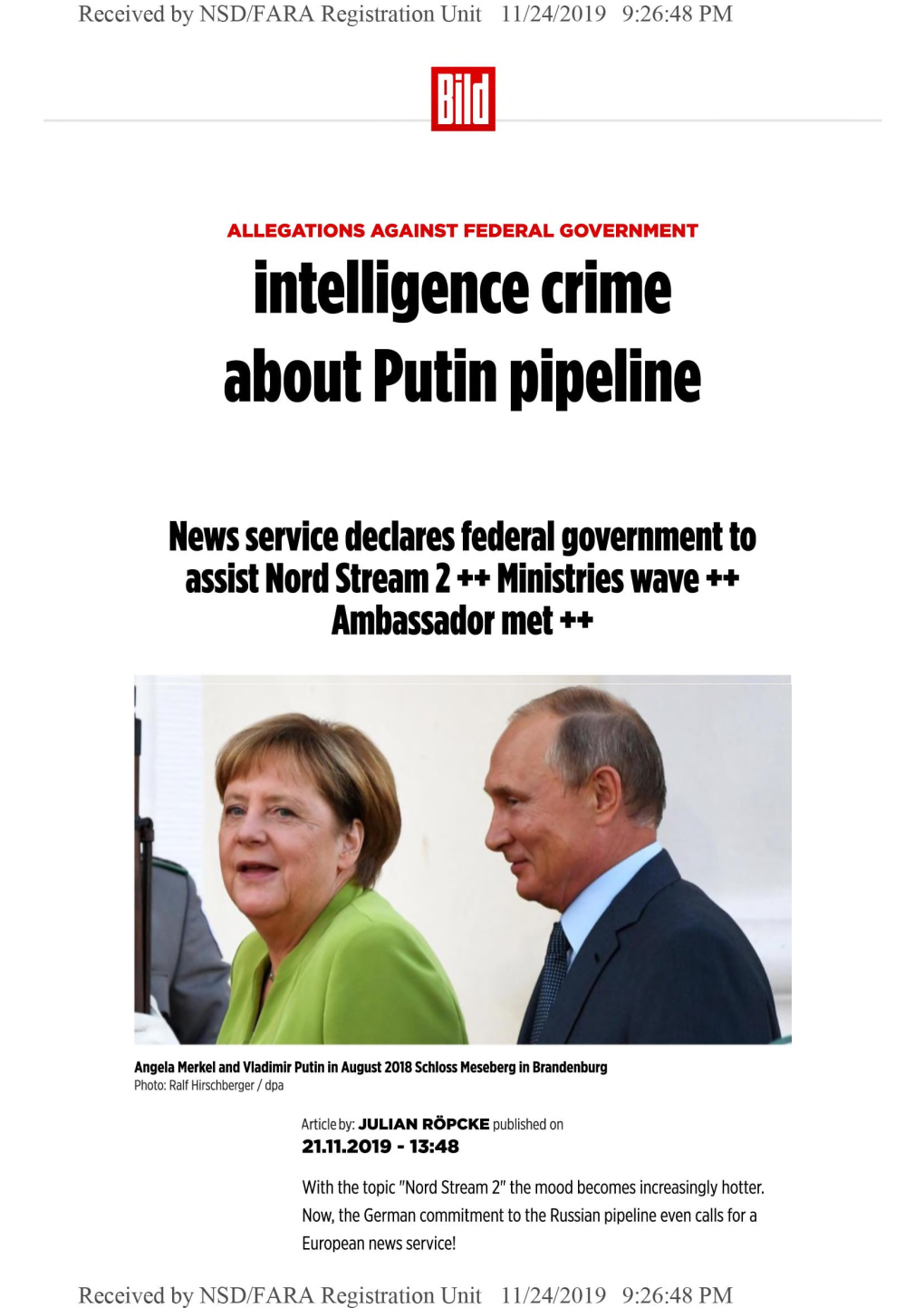 Intelligence Crime About Putin Pipeline