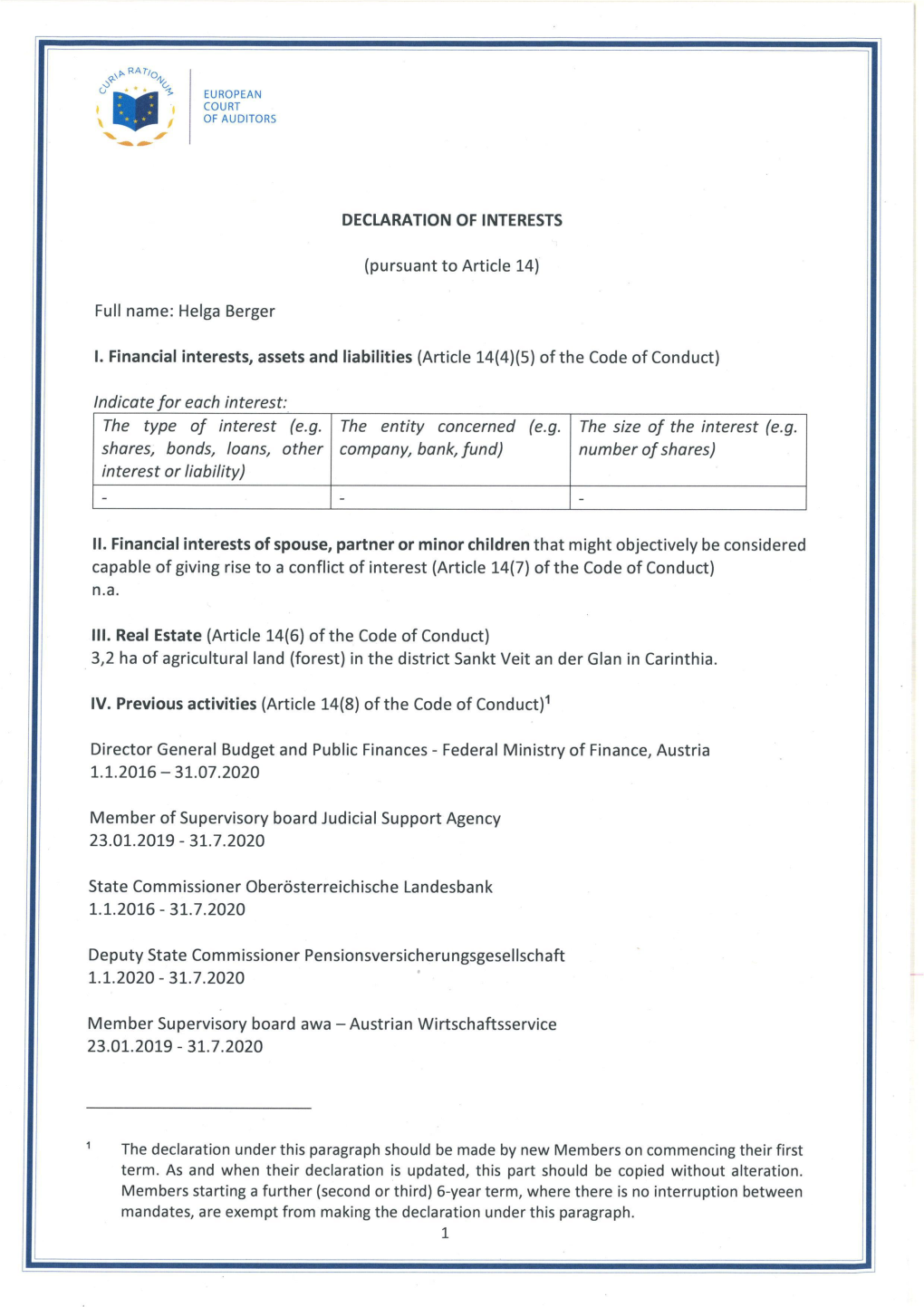 DECLARATION of INTERESTS (Pursuant to Article