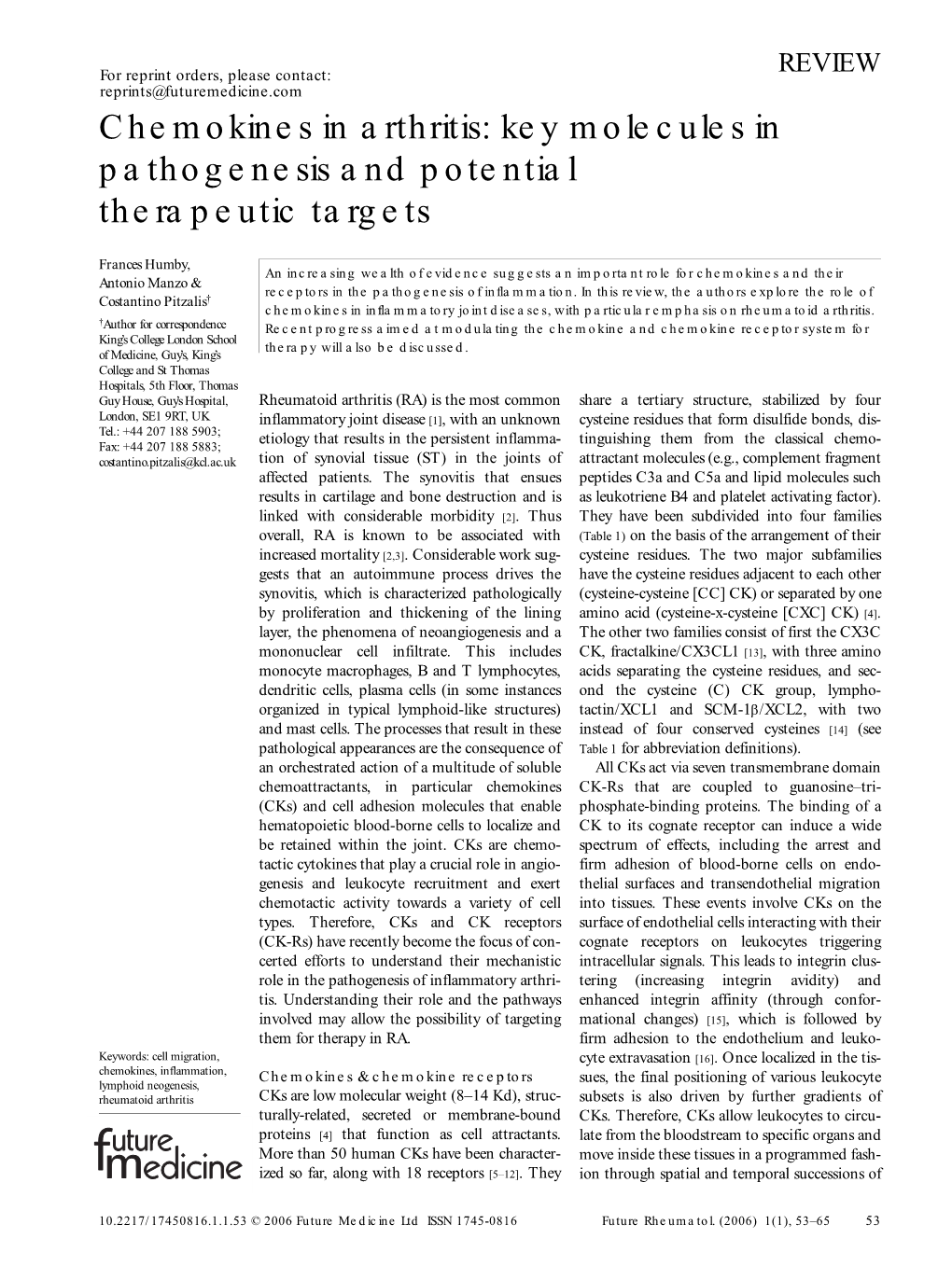 Chemokines in Arthritis: Key Molecules in Pathogenesis and Potential Therapeutic Targets