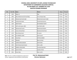 Federal Urdu University of Arts, Science Technology Department of Commerece (Gulshan Campus) M.Com Merit List Summer Fall 2019 Master Evening Program