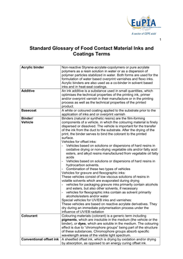 Standard Glossary of Food Contact Material Inks and Coatings Terms