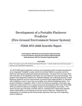 Development of a Portable Flashover Predictor (Fire-Ground Environment Sensor System) FEMA AFG 2008 Scientific Report