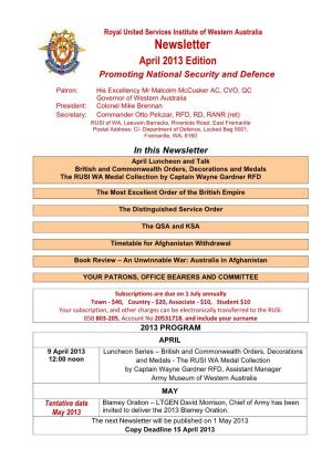 Newsletter April 2013 Edition Promoting National Security and Defence