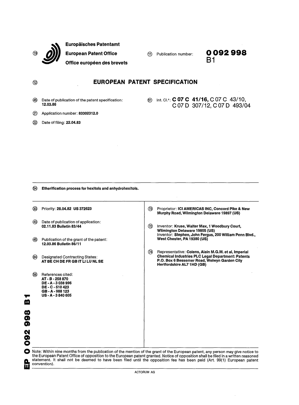 Etherification Process for Hexitols and Anhydrohexitols