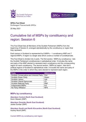 Cumulative List of Msps by Constituency and Region: Session 6