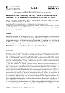 Review of the World Monoctonina Mackauer 1961 (Hymenoptera, Braconidae, Aphidiinae): Key for Their Identification and Descriptions of Five New Species