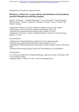 Phylogeny, Evidence for a Cryptic Plastid, and Distribution of Chytriodinium Parasites (Dinophyceae) Infecting Copepods