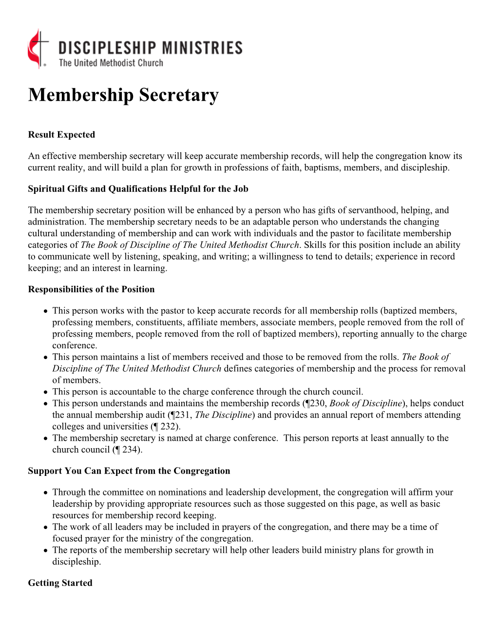 Membership Secretary Job Description