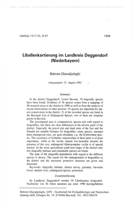 Libellenkartierung Im Landkreis Deggendorf (Niederbayern)