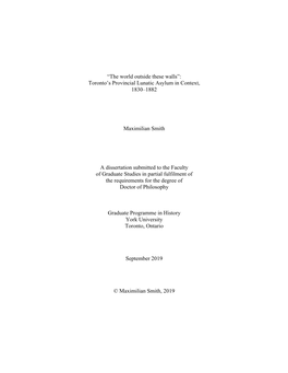 Toronto's Provincial Lunatic Asylum in Context, 1830–1882