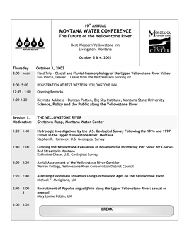 19Th ANNUAL MONTANA WATER CONFERENCE the Future of the Yellowstone River