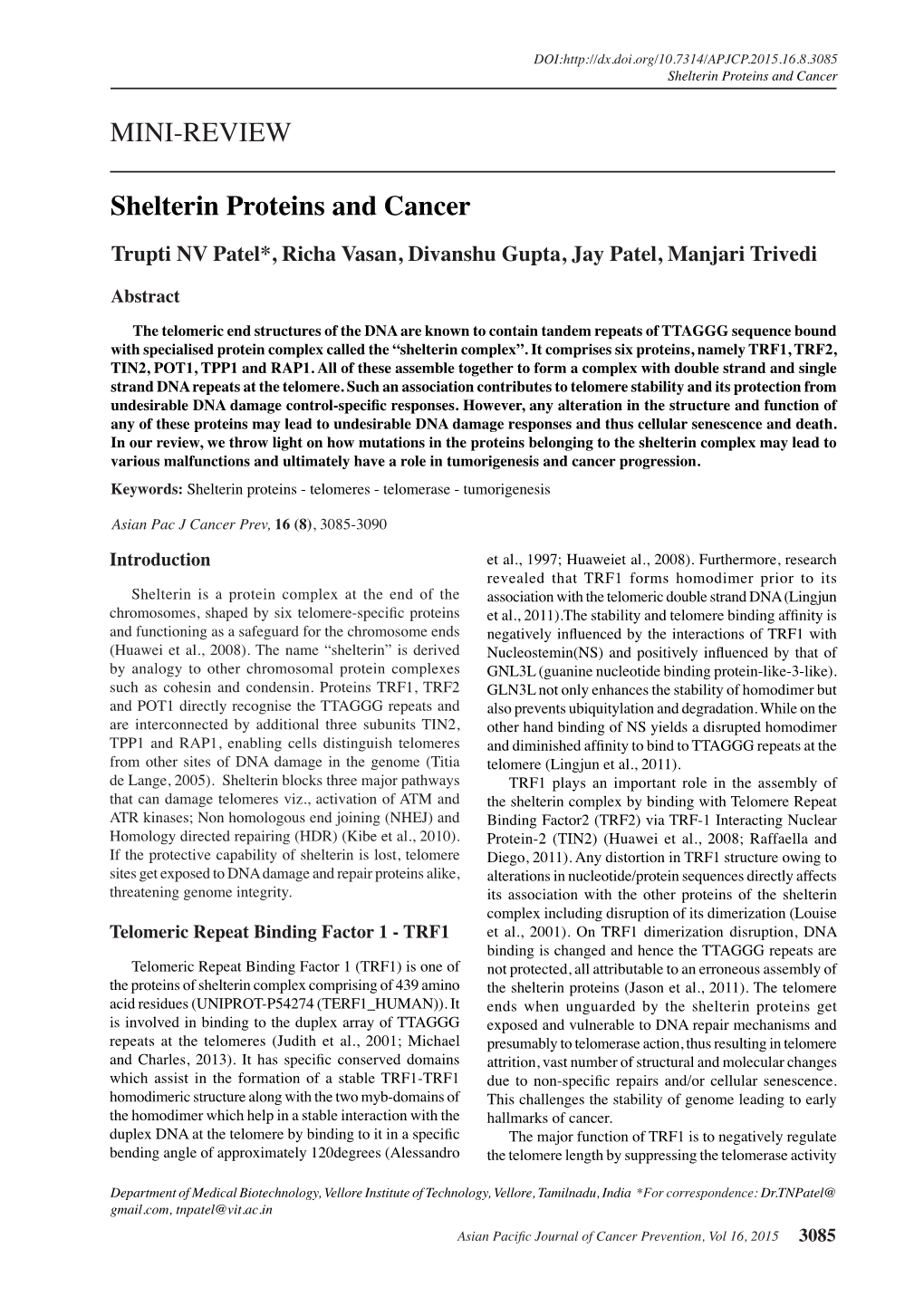 MINI-REVIEW Shelterin Proteins and Cancer