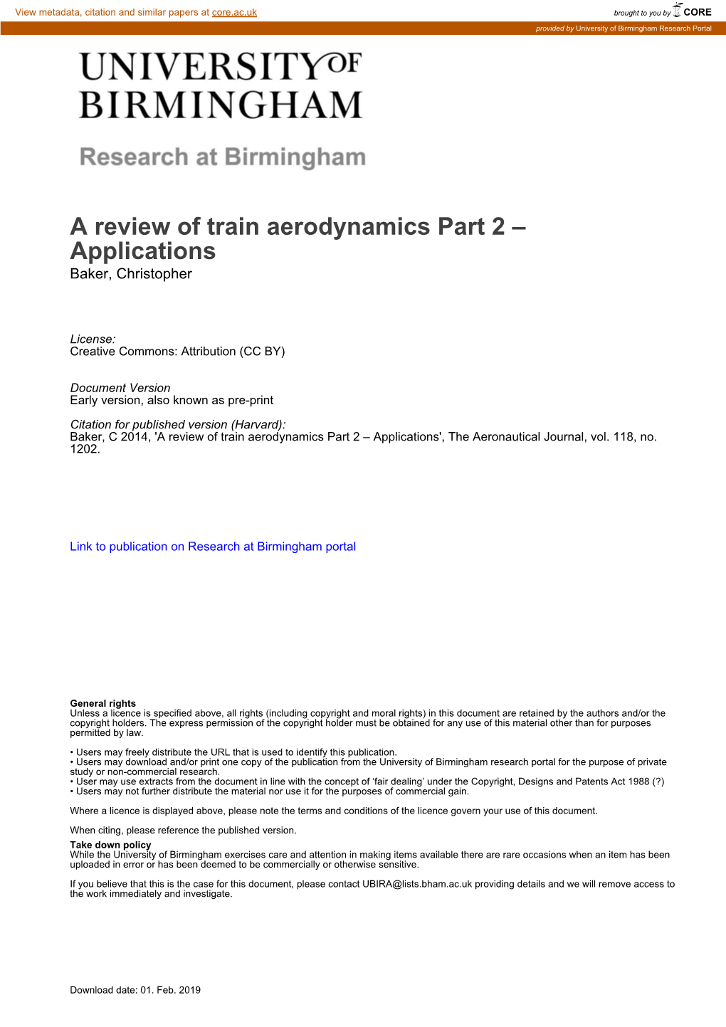 A Review of Train Aerodynamics Part 2 – Applications Baker, Christopher