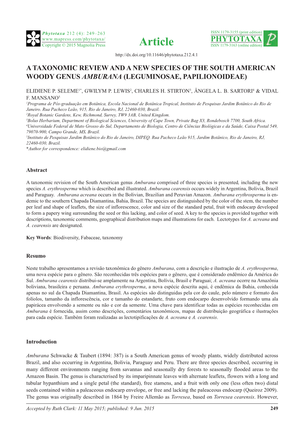 A TAXONOMIC REVIEW and a NEW Species of the South American Woody Genus AMBURANA (Leguminosae, Papilionoideae)