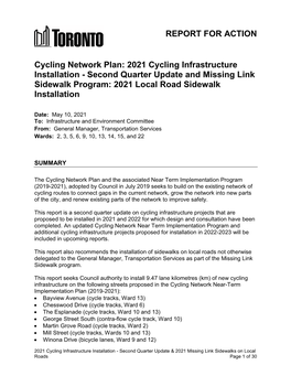 2021 Cycling Infrastructure Installation - Second Quarter Update and Missing Link Sidewalk Program: 2021 Local Road Sidewalk Installation