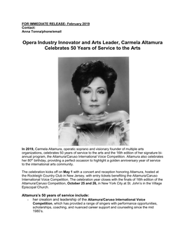 Opera Industry Innovator and Arts Leader, Carmela Altamura Celebrates 50 Years of Service to the Arts