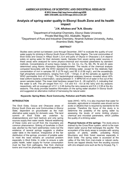Analysis of Spring Water Quality in Ebonyi South Zone and Its Health Impact 1J.N