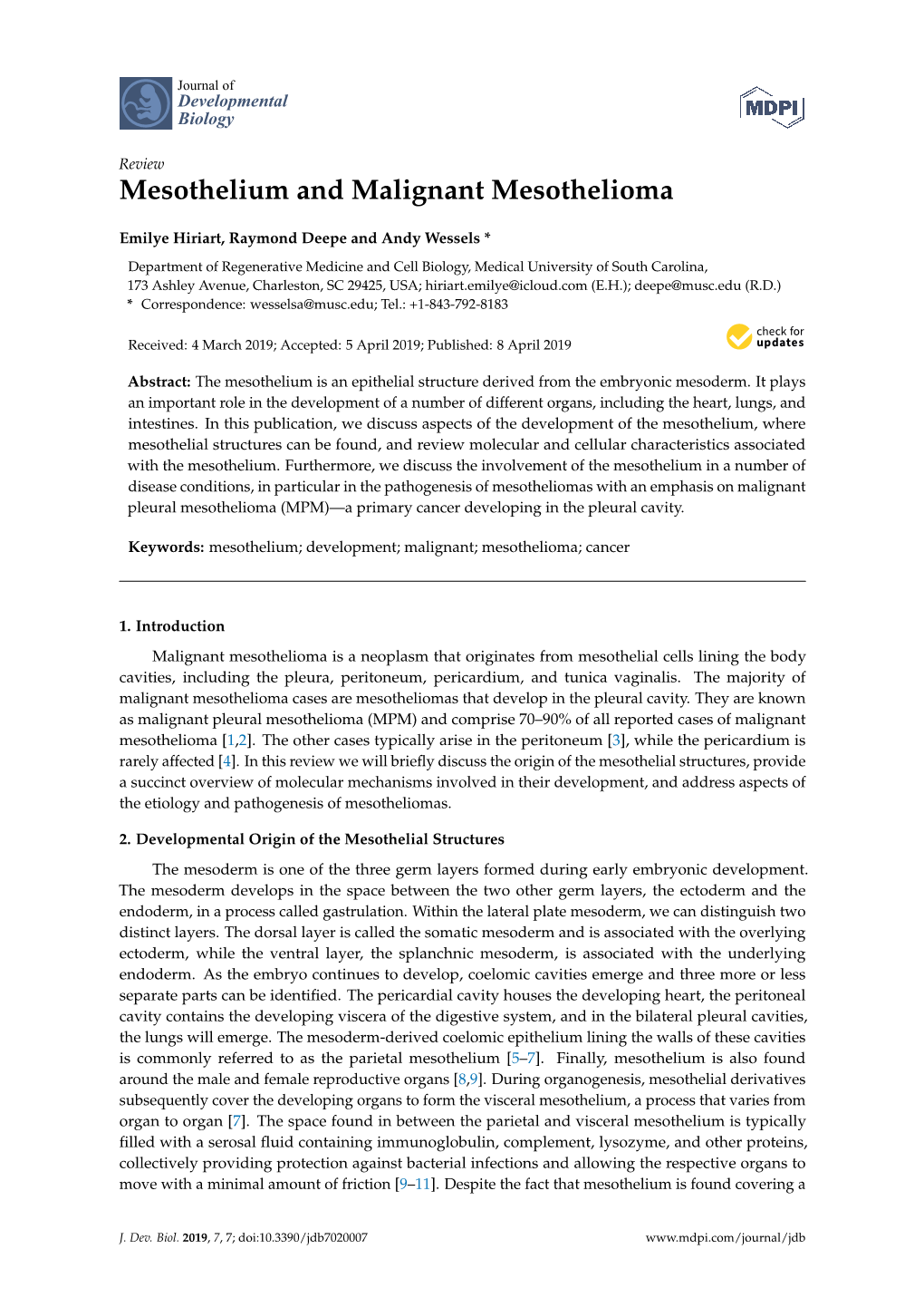 Mesothelium and Malignant Mesothelioma