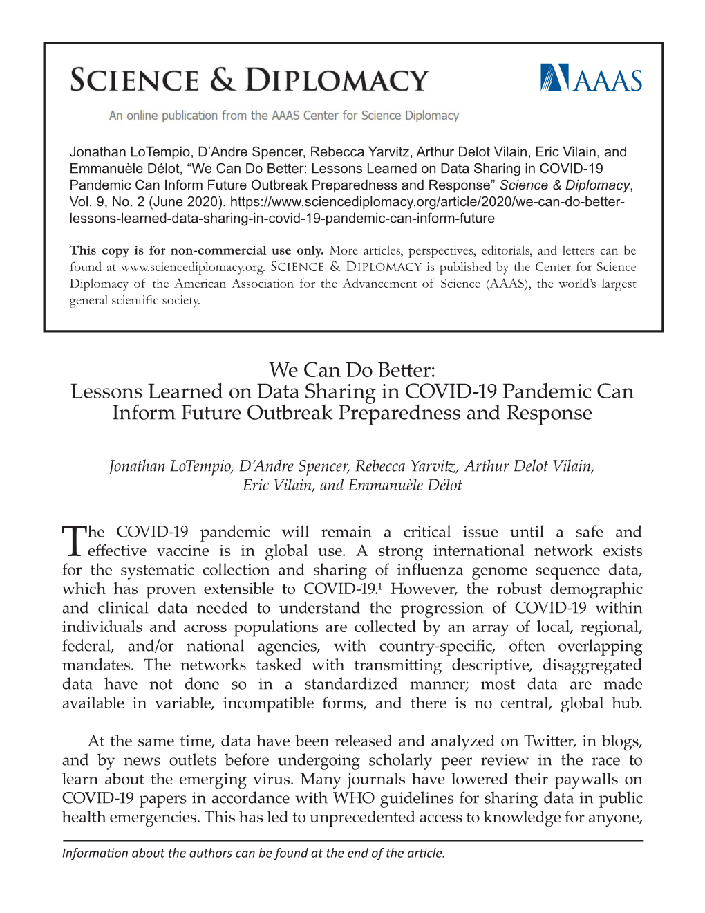 Lessons Learned on Data Sharing in COVID-19 Pandemic Can Inform Future Outbreak Preparedness and Response” Science & Diplomacy, Vol