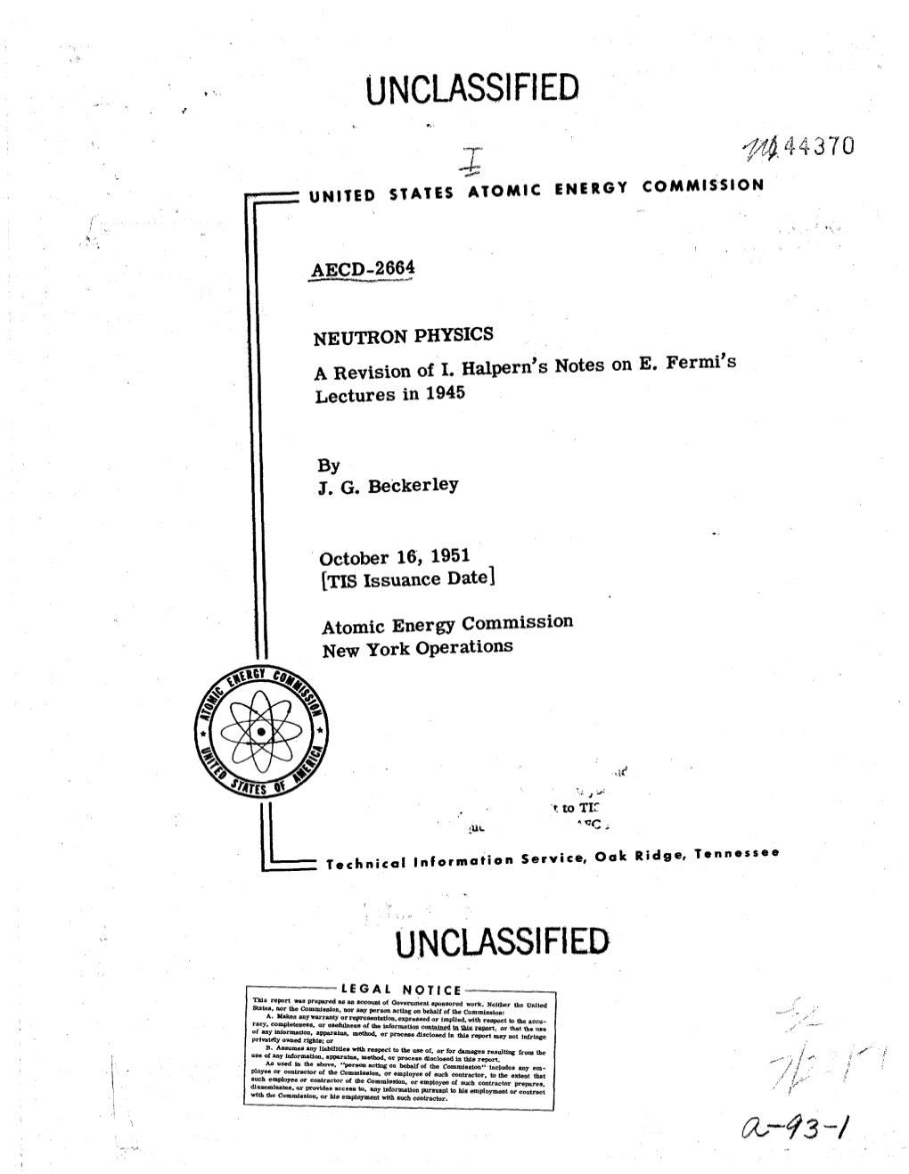 Neutron Physics a Revision of I. Halpern's Notes on E. Fermi's Lectures in 1945