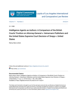 Intelligence Agents As Authors: a Comparison of the British Courts' Position on Attorney-General V