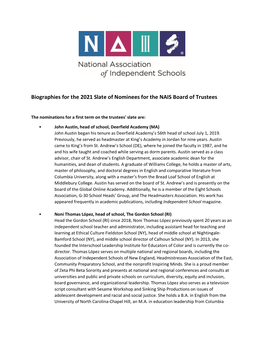 Biographies for the 2021 Slate of Nominees for the NAIS Board of Trustees
