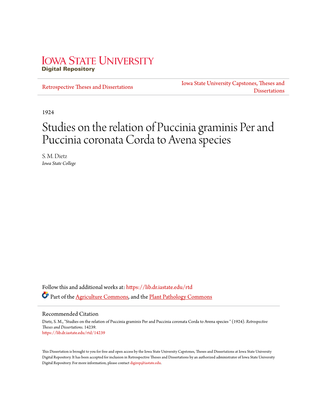 Studies on the Relation of Puccinia Graminis Per and Puccinia Coronata Corda to Avena Species S