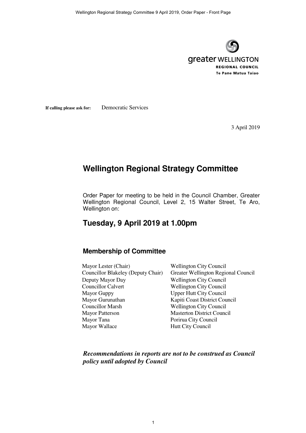 Wellington Regional Strategy Committee 9 April 2019, Order Paper - Front Page