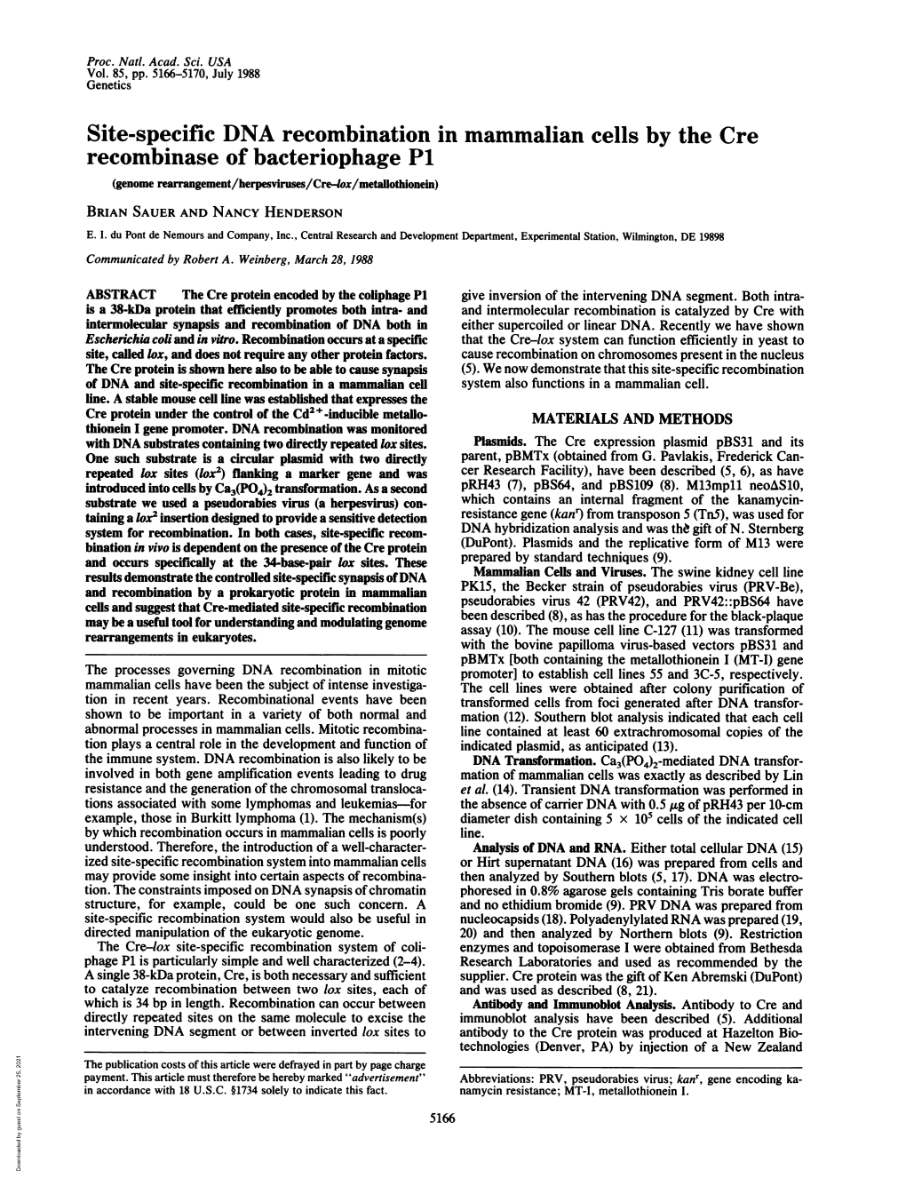 Site-Specific DNA Recombinationin Mammalian Cells by the Cre