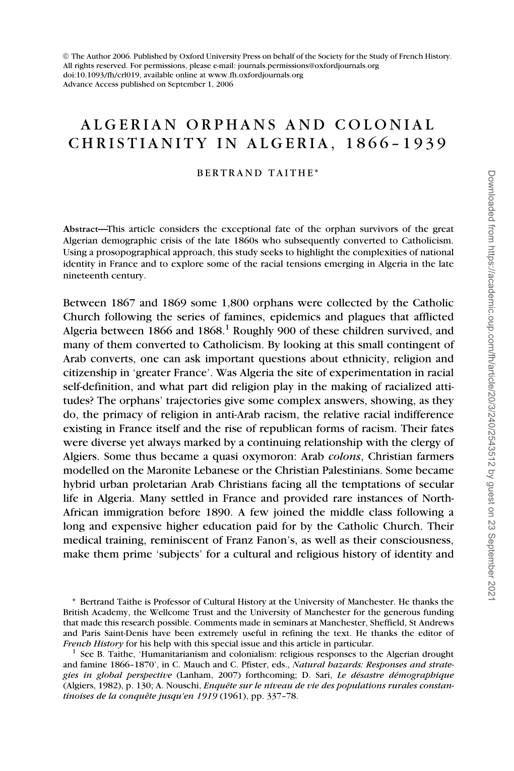 Algerian Orphans and Colonial Christianity in Algeria, 1866–1939