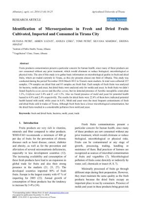 Identification of Microorganisms in Fresh and Dried Fruits Cultivated, Imported and Consumed in Tirana City