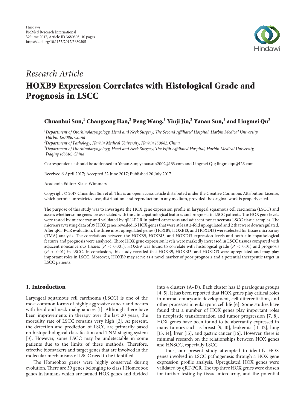 HOXB9 Expression Correlates with Histological Grade and Prognosis in LSCC