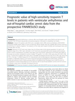 Prognostic Value of High-Sensitivity Troponin T Levels in Patients with Ventricular Arrhythmias and Out-Of-Hospital Cardiac Arre