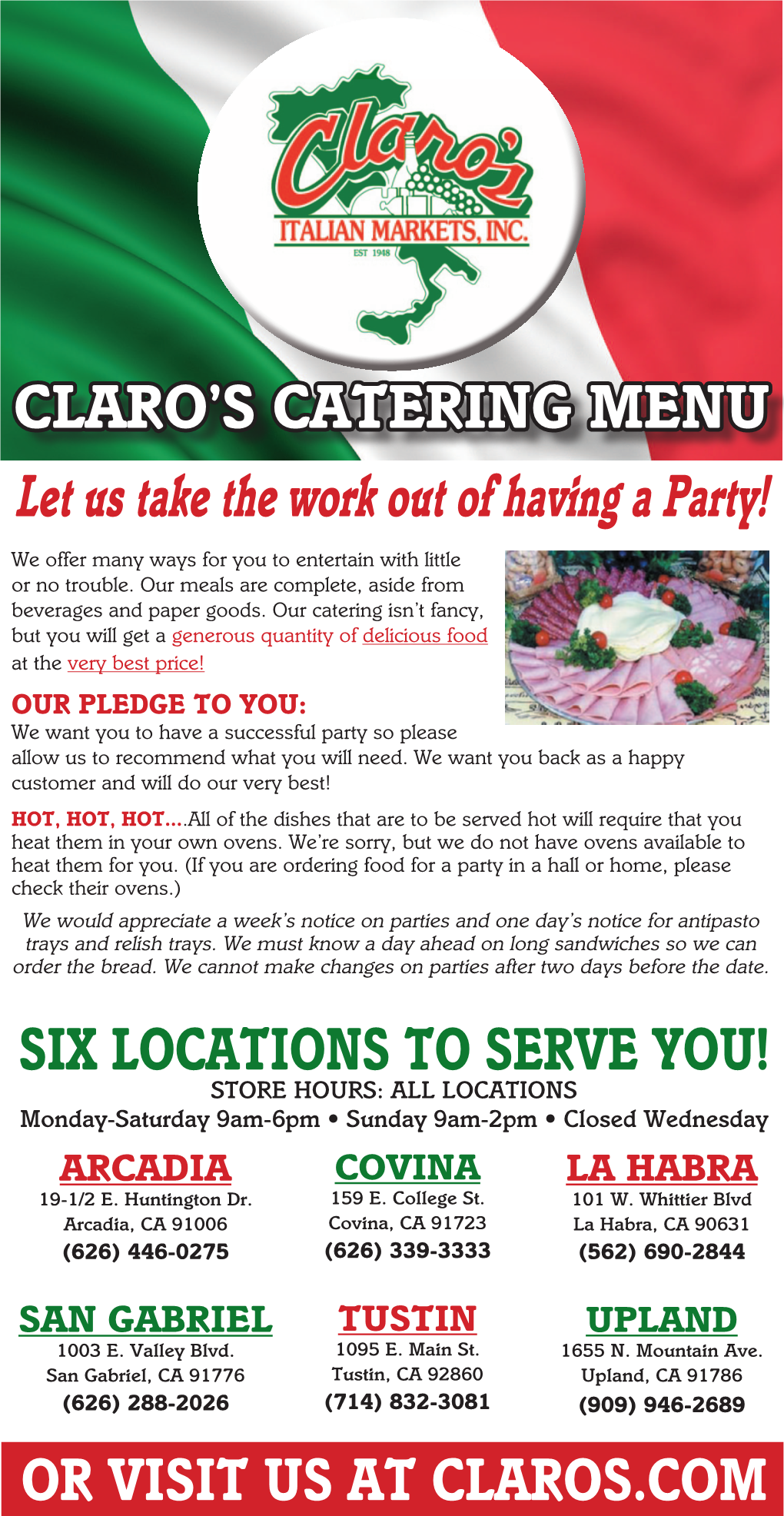 Claro's Catering Menu