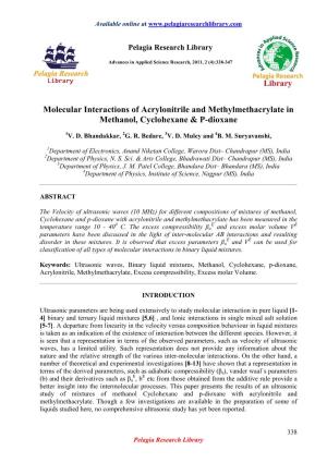 Molecular Interactions of Acrylonitrile and Methylmethacrylate in Methanol, Cyclohexane & P-Dioxane