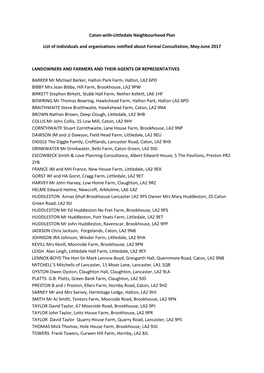 Caton-With-Littledale Neighbourhood Plan List of Individuals And