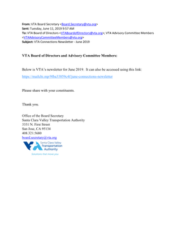 Below Is VTA's Newsletter for June 2019. It Can Also Be Accessed Using