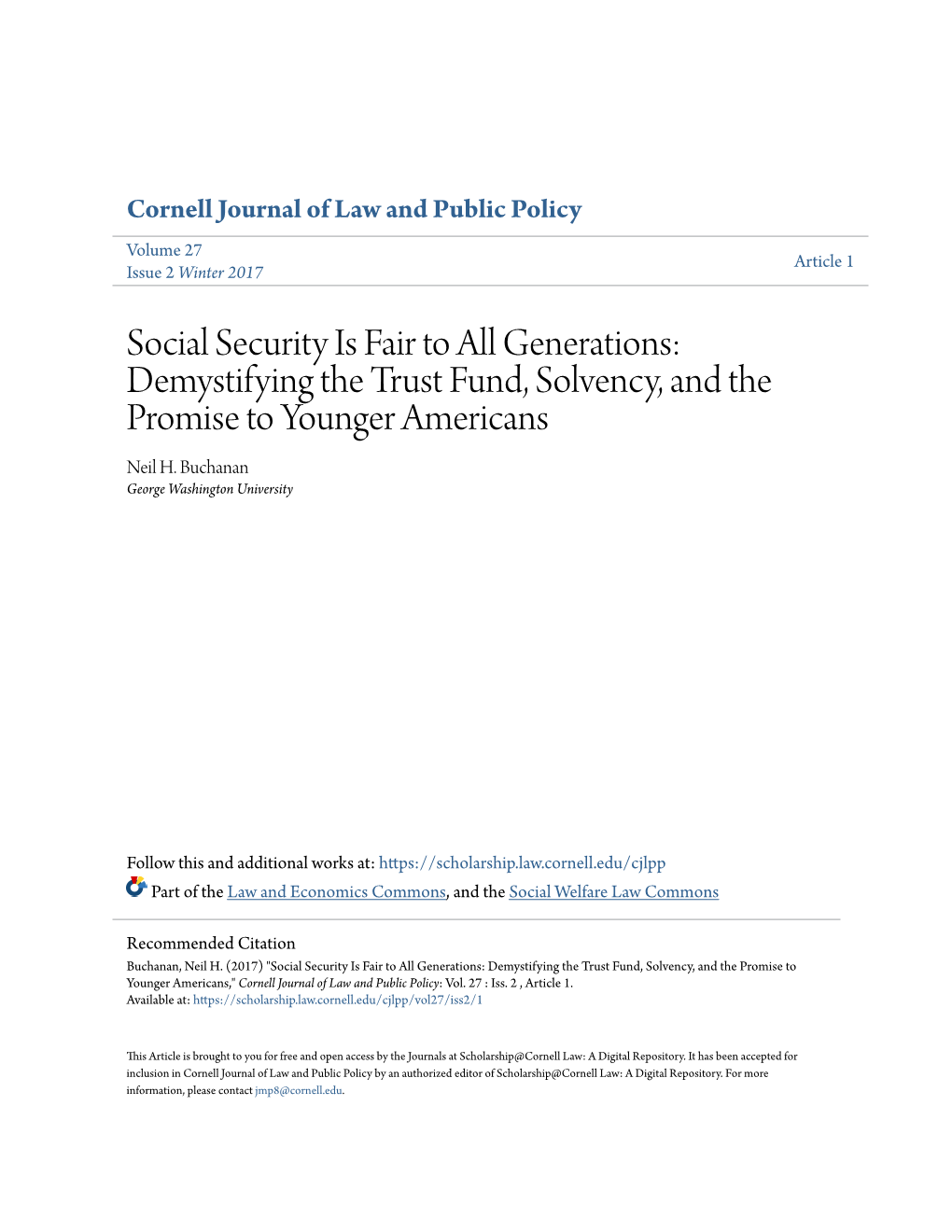 Social Security Is Fair to All Generations: Demystifying the Trust Fund, Solvency, and the Promise to Younger Americans Neil H