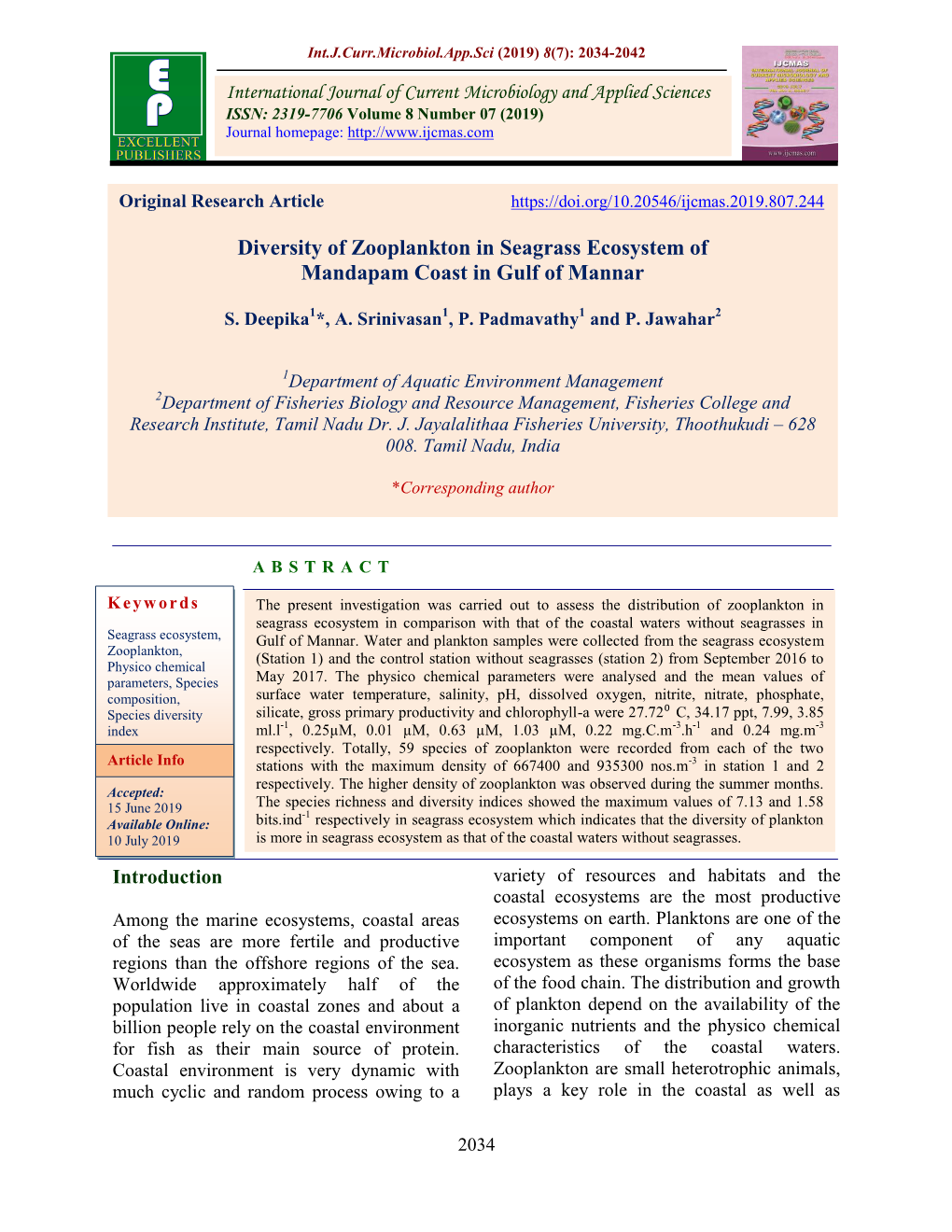 Diversity of Zooplankton in Seagrass Ecosystem of Mandapam Coast in Gulf of Mannar