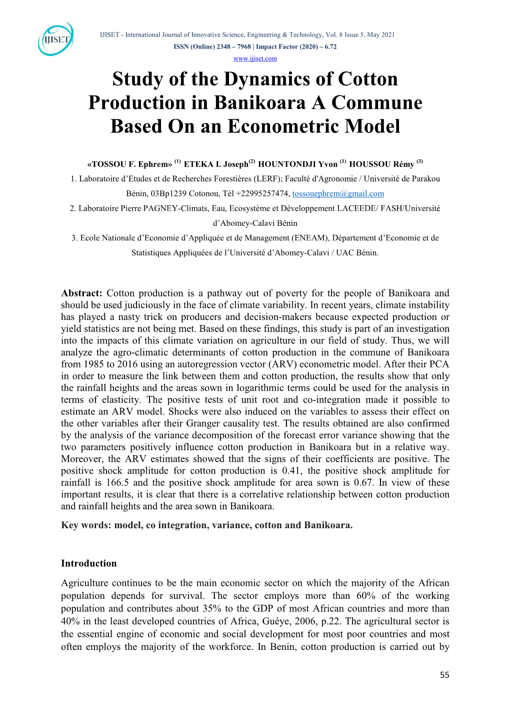 Study of the Dynamics of Cotton Production in Banikoara a Commune Based on an Econometric Model