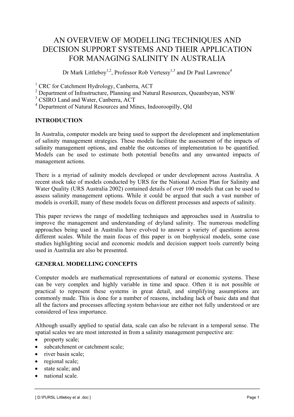 An Overview of Modelling Techniques and Decision Support Systems and Their Application for Managing Salinity in Australia