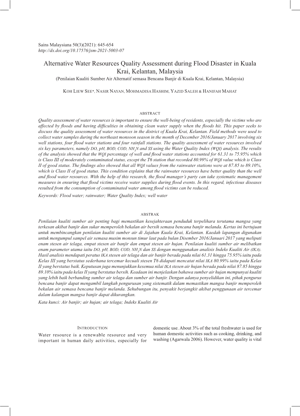 Alternative Water Resources Quality Assessment During Flood Disaster