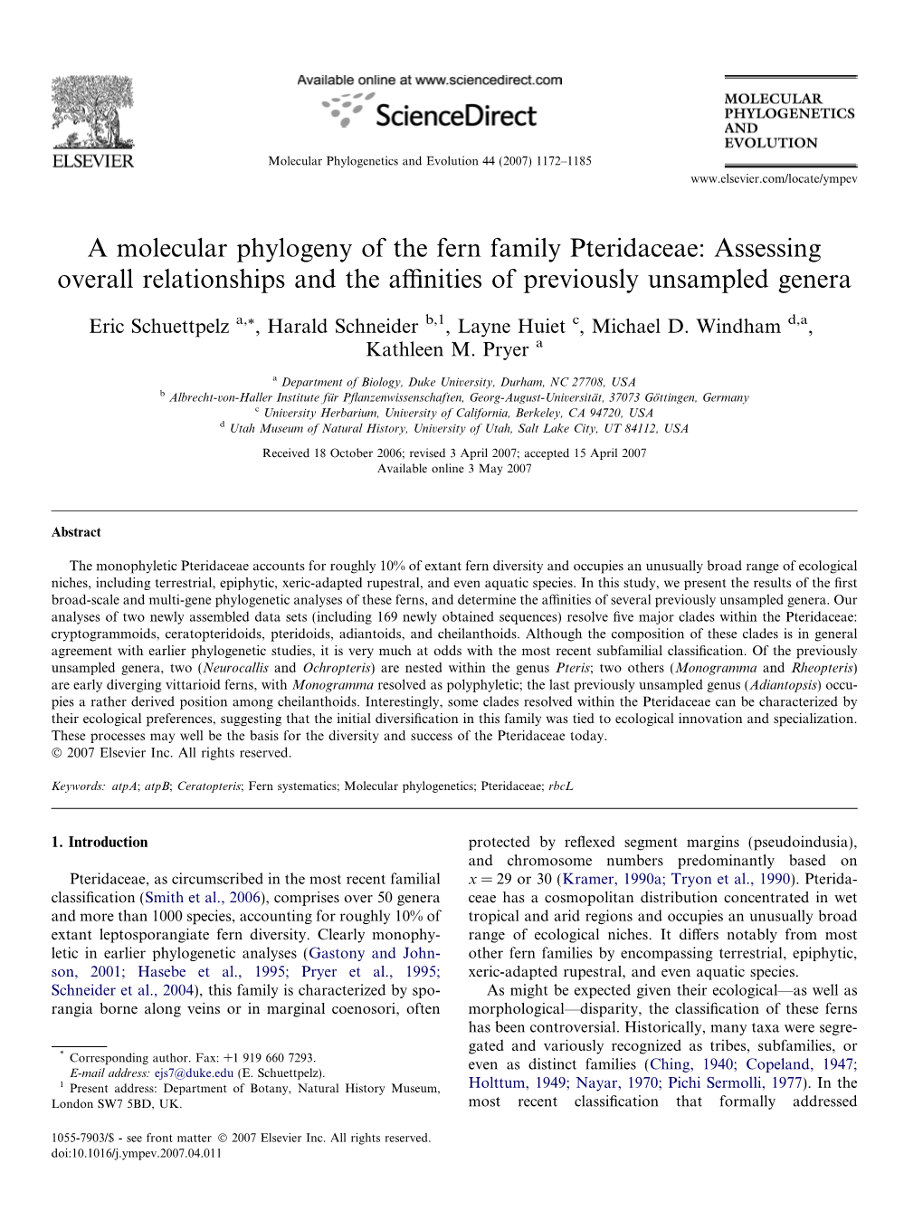 A Molecular Phylogeny of the Fern Family Pteridaceae: Assessing Overall Relationships and the Aﬃnities of Previously Unsampled Genera