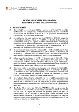 Informe Y Propuesta De Resolución Expediente C/1144/20 Caixabank/Bankia