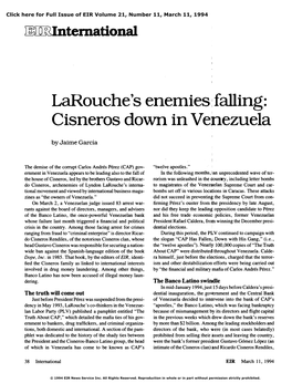 Larouche's Enemies Falling: Cisneros Down in Venezuela