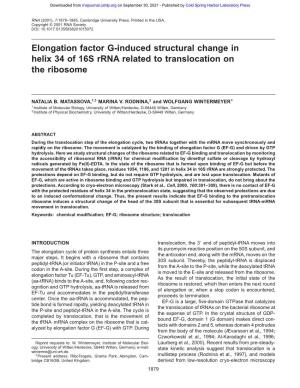 Elongation Factor G-Induced Structural Change in Helix 34 of 16S Rrna Related to Translocation on the Ribosome