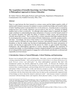 The Acquisition of Scientific Knowledge Via Critical Thinking: a Philosophical Approach to Science Education