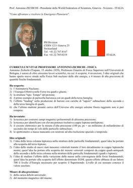 Curriculum Vitae Professore Antonino Zichichi